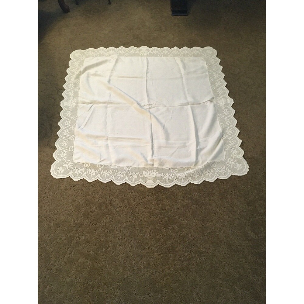 Vintage Luncheon Cloth 36 in Sq 4 " Lace Trim 1950's Linen Handmade